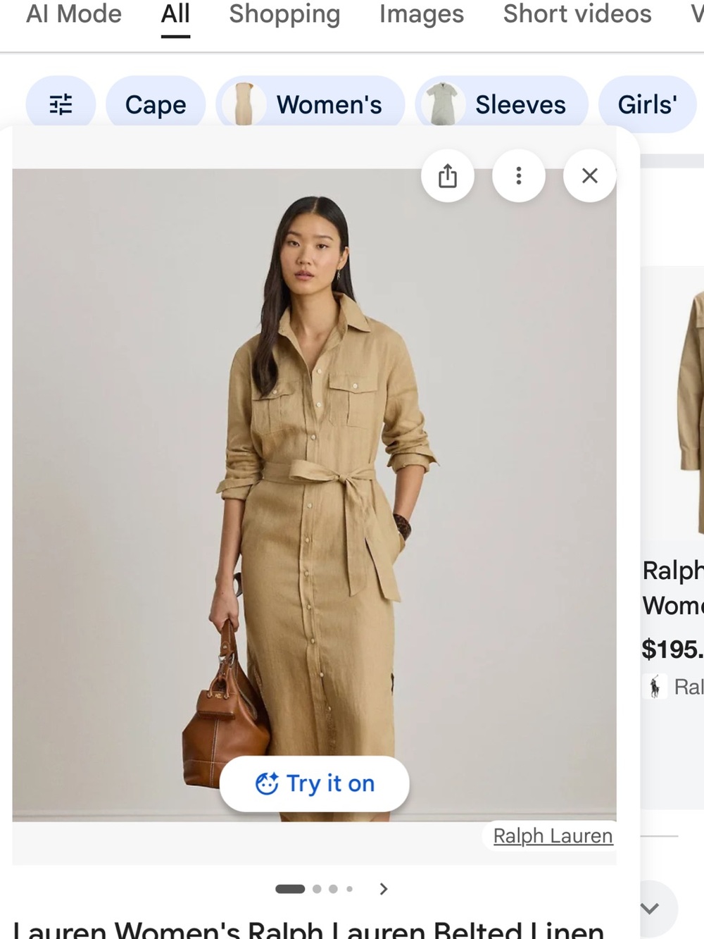 Ralph Lauren Khaki Linen Shirt Dress Belted Tailored SP (SMALL PETITE)